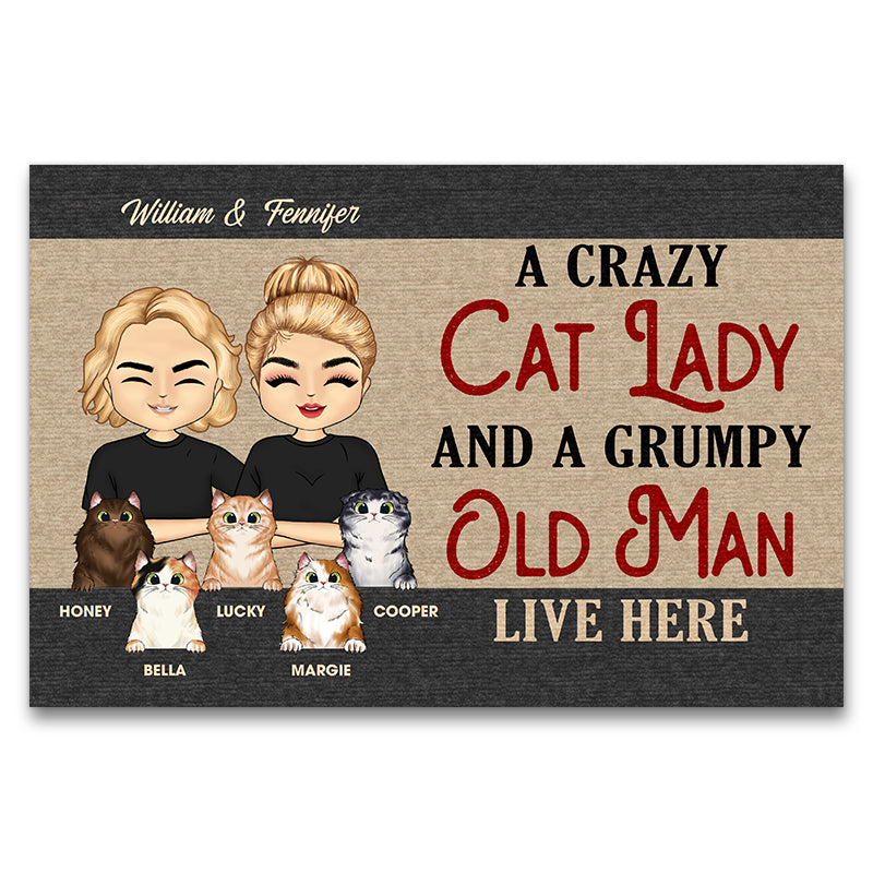 Chibi Couple Crazy Cat Lady And A Grumpy Old Man - Couple Gift - Personalized Custom Doormat