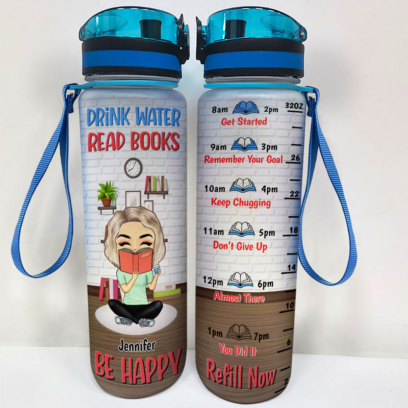 Chibi Girl Read Books Be Happy - Book Lovers Gift - Personalized Custom Water Tracker Bottle