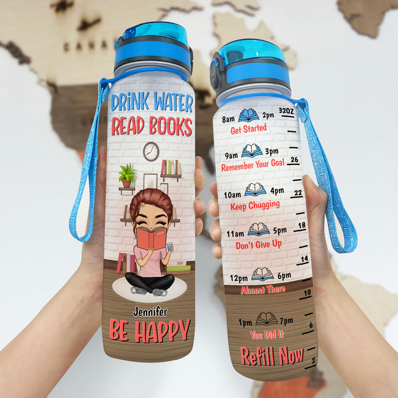 Chibi Girl Read Books Be Happy - Book Lovers Gift - Personalized Custom Water Tracker Bottle