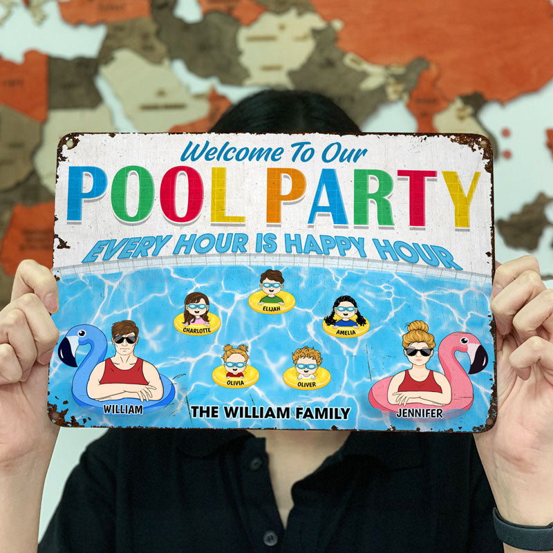 Family Pool Every Hour Is Happy Hour Husband Wife - Gift For Couples - Personalized Custom Classic Metal Signs