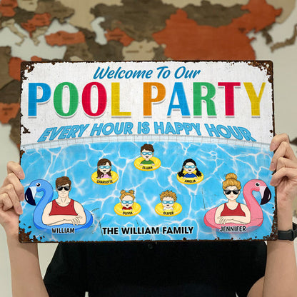 Family Pool Every Hour Is Happy Hour Husband Wife - Gift For Couples - Personalized Custom Classic Metal Signs