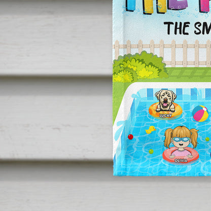 We're In The Pool Family Child With Dogs Swimming - Pool Garden Flag - Personalized Custom Flag