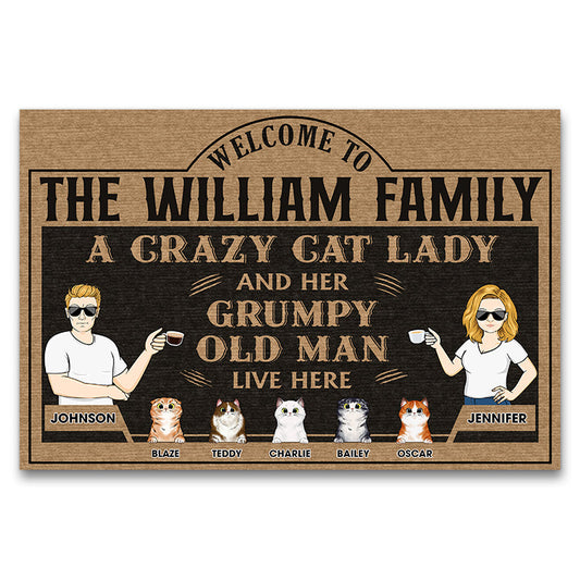 Family Couple A Crazy Cat Lady And Her Grumpy Old Man - Gift For Cat Lovers - Personalized Custom Doormat