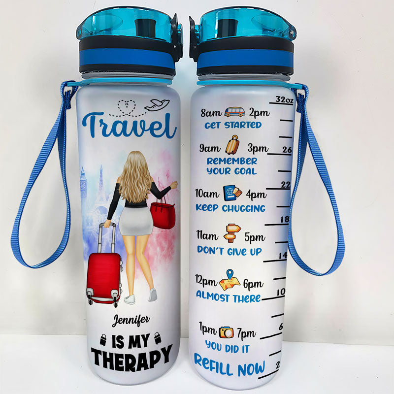 Travel Is My Therapy - Gift For Traveling Lovers - Personalized Custom Water Tracker Bottle