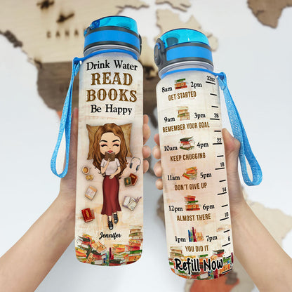 Drink Water Read Books Be Happy - Gift For Reading Lovers - Personalized Custom Water Tracker Bottle