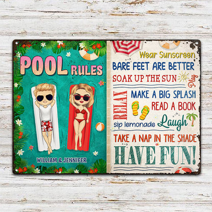 Pool Rules Soak Up The Sun Couple Husband Wife - Backyard Sign - Personalized Custom Classic Metal Signs