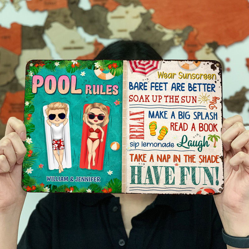 Pool Rules Soak Up The Sun Couple Husband Wife - Backyard Sign - Personalized Custom Classic Metal Signs