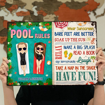 Pool Rules Soak Up The Sun Couple Husband Wife - Backyard Sign - Personalized Custom Classic Metal Signs