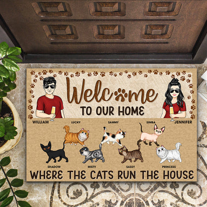 Couple Welcome Where The Cats Run The House Husband Wife - Gift For Cat Lovers - Personalized Custom Doormat