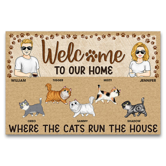 Couple Welcome Where The Cats Run The House Husband Wife - Gift For Cat Lovers - Personalized Custom Doormat