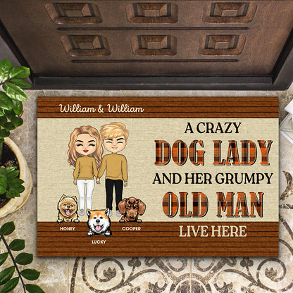 Chibi Couple Crazy Dog Lady And Her Grumpy Old Man - Gift For Dog Lovers - Personalized Custom Doormat