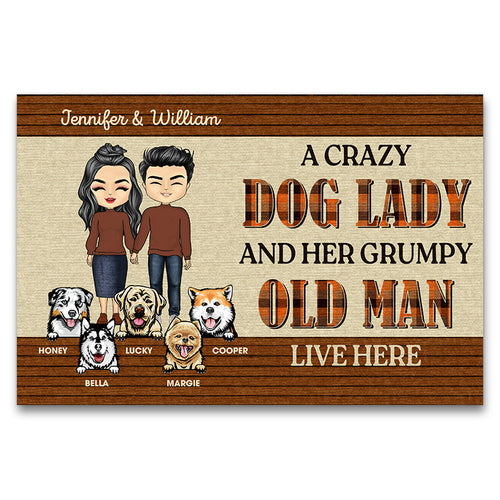 Chibi Couple Crazy Dog Lady And Her Grumpy Old Man - Gift For Dog Lovers - Personalized Custom Doormat