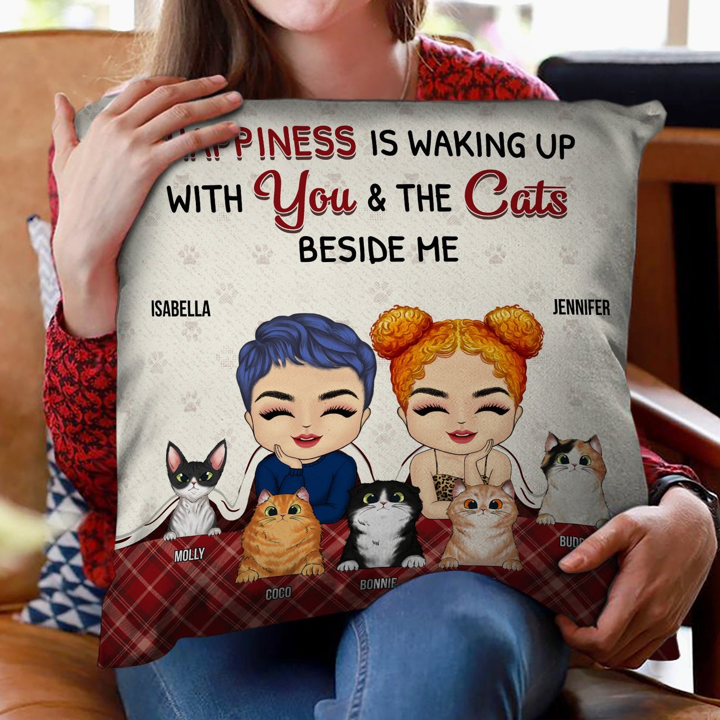 Couple Waking Up With You & The Fur Babies - Gift For Dog & Cat Lovers - Personalized Custom Pillow