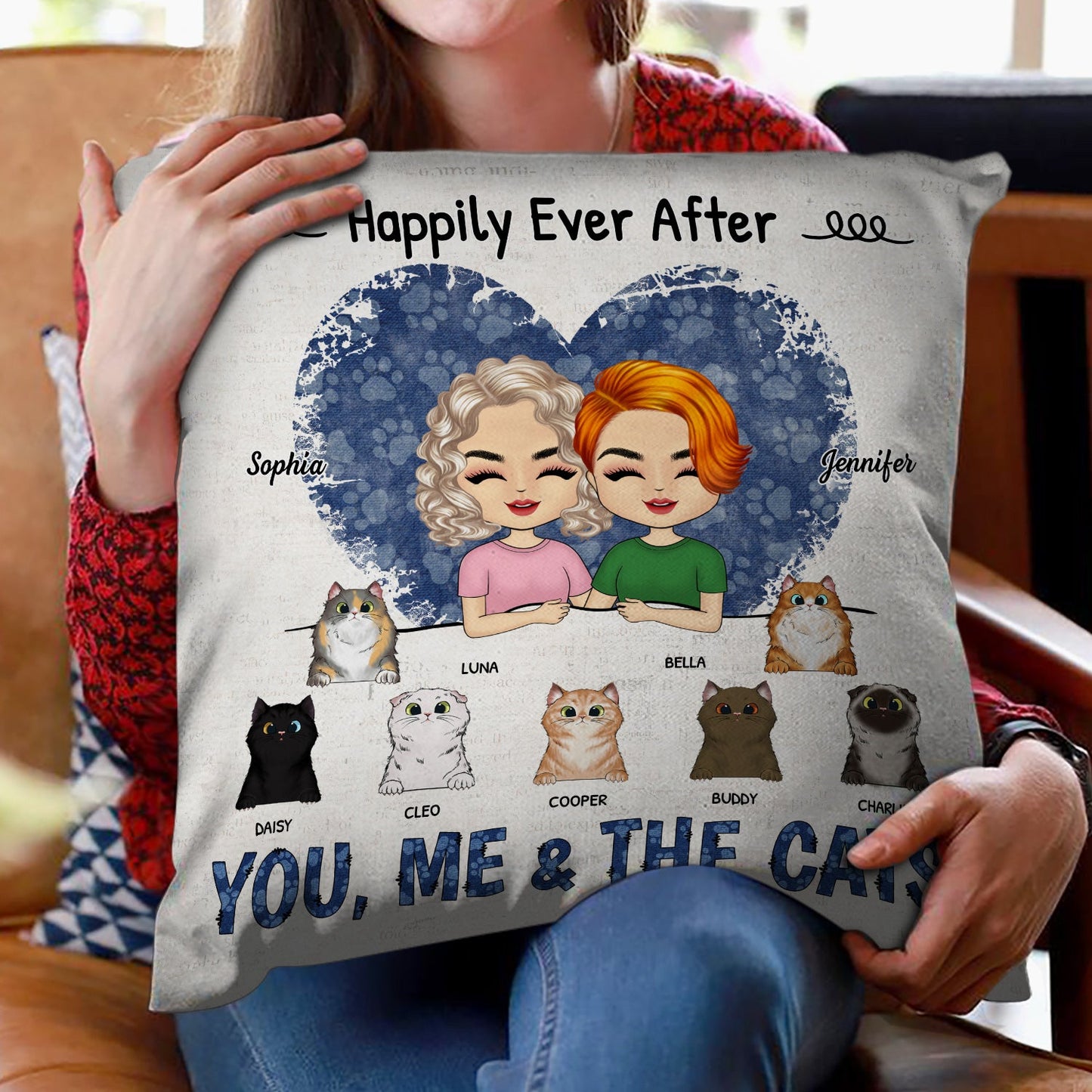 Happily Ever After Couple With Dog Cat - Gift For Couples & Pet Lovers - Personalized Custom Pillow