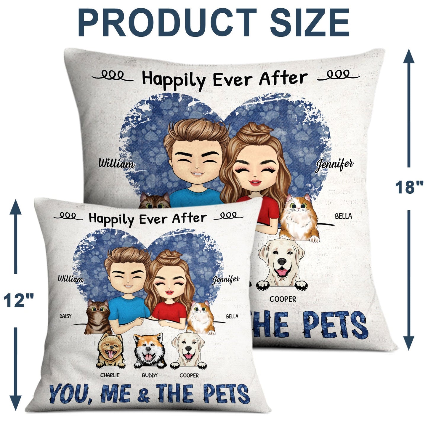 Happily Ever After Couple With Dog Cat - Gift For Couples & Pet Lovers - Personalized Custom Pillow