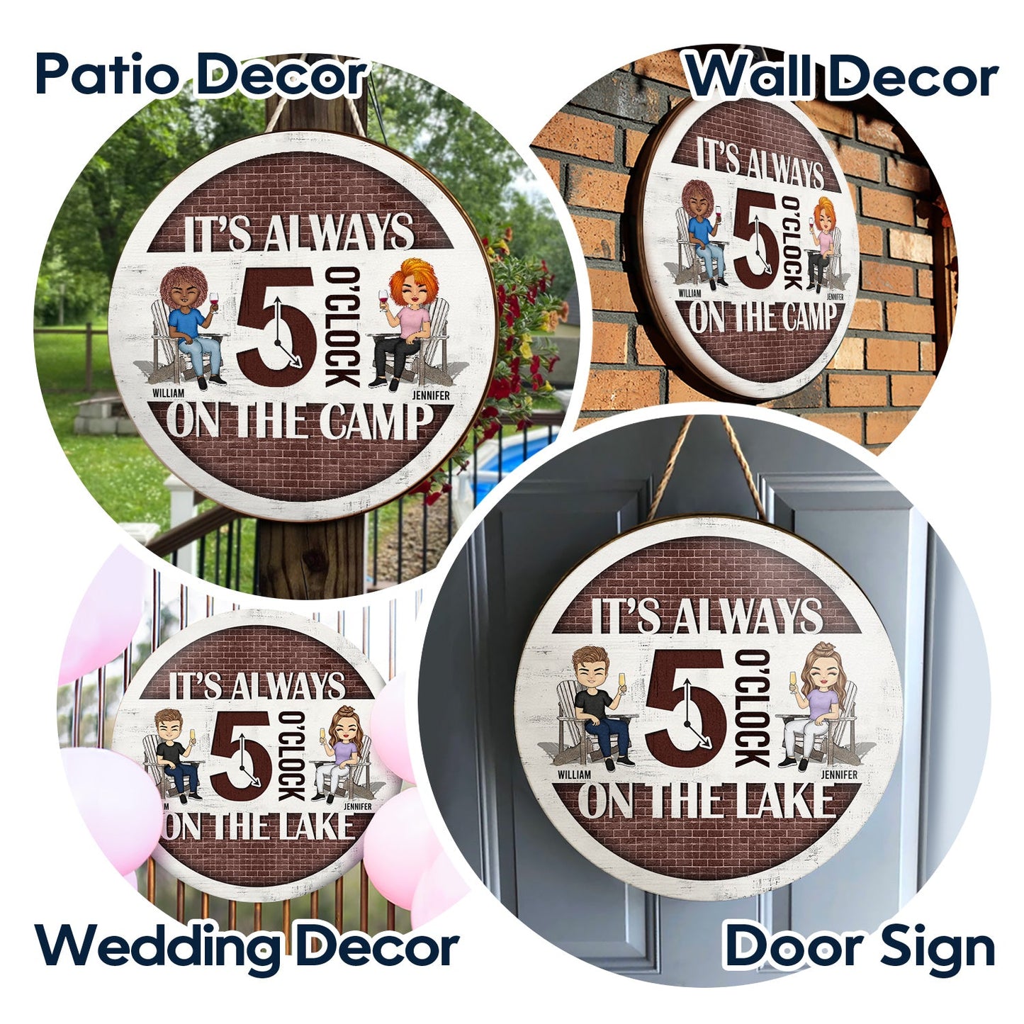 It's Always 5 O’clock - Home Decor For Patio, Pool, Deck, Bar - Personalized Custom Wood Circle Sign