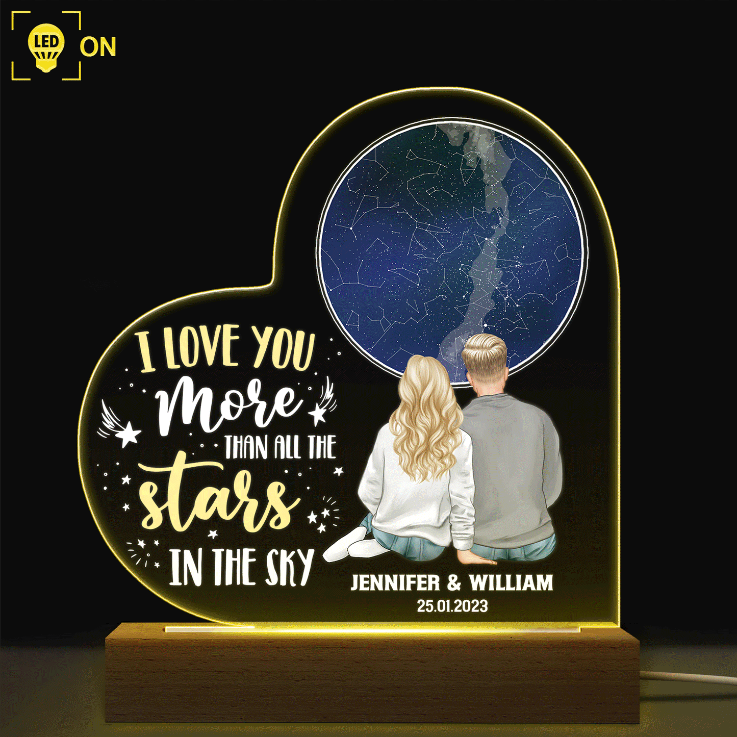 Star Map I Love You More Than All The Stars In The Sky - Gift For Couple - Personalized Custom 3D Led Light Wooden Base