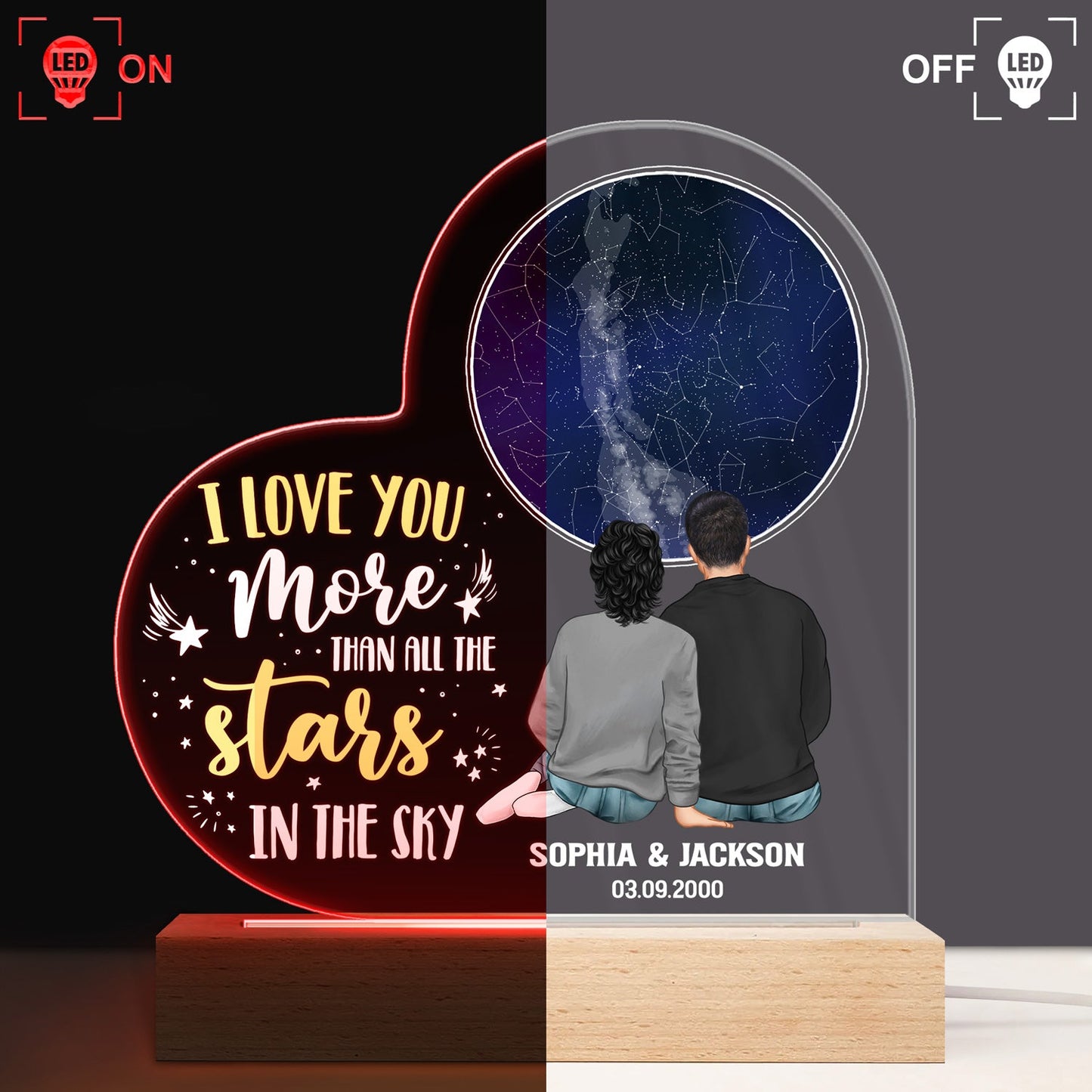 Star Map I Love You More Than All The Stars In The Sky - Gift For Couple - Personalized Custom 3D Led Light Wooden Base