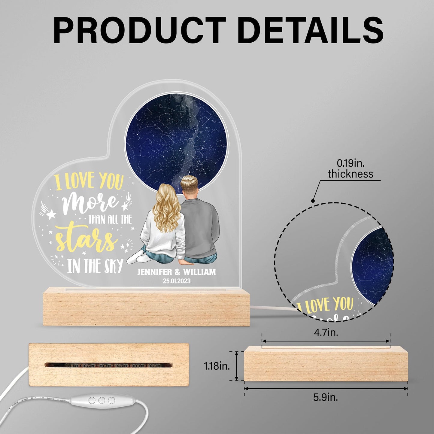 Star Map I Love You More Than All The Stars In The Sky - Gift For Couple - Personalized Custom 3D Led Light Wooden Base