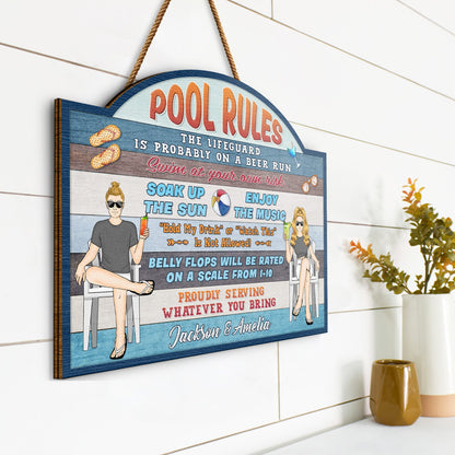 Couple Pool Rules Soak Up The Sun - Gift For Couples - Personalized Custom Shaped Wood Sign