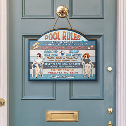 Couple Pool Rules Soak Up The Sun - Gift For Couples - Personalized Custom Shaped Wood Sign
