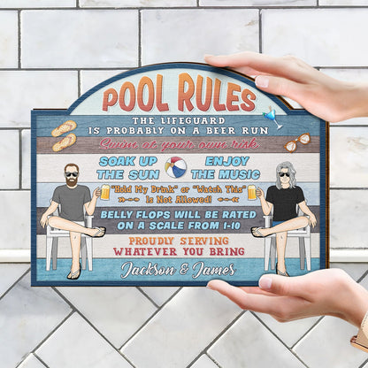 Couple Pool Rules Soak Up The Sun - Gift For Couples - Personalized Custom Shaped Wood Sign