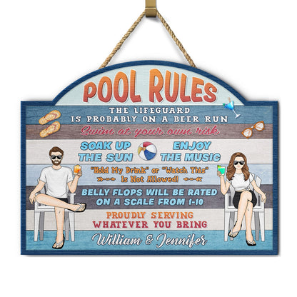 Couple Pool Rules Soak Up The Sun - Gift For Couples - Personalized Custom Shaped Wood Sign