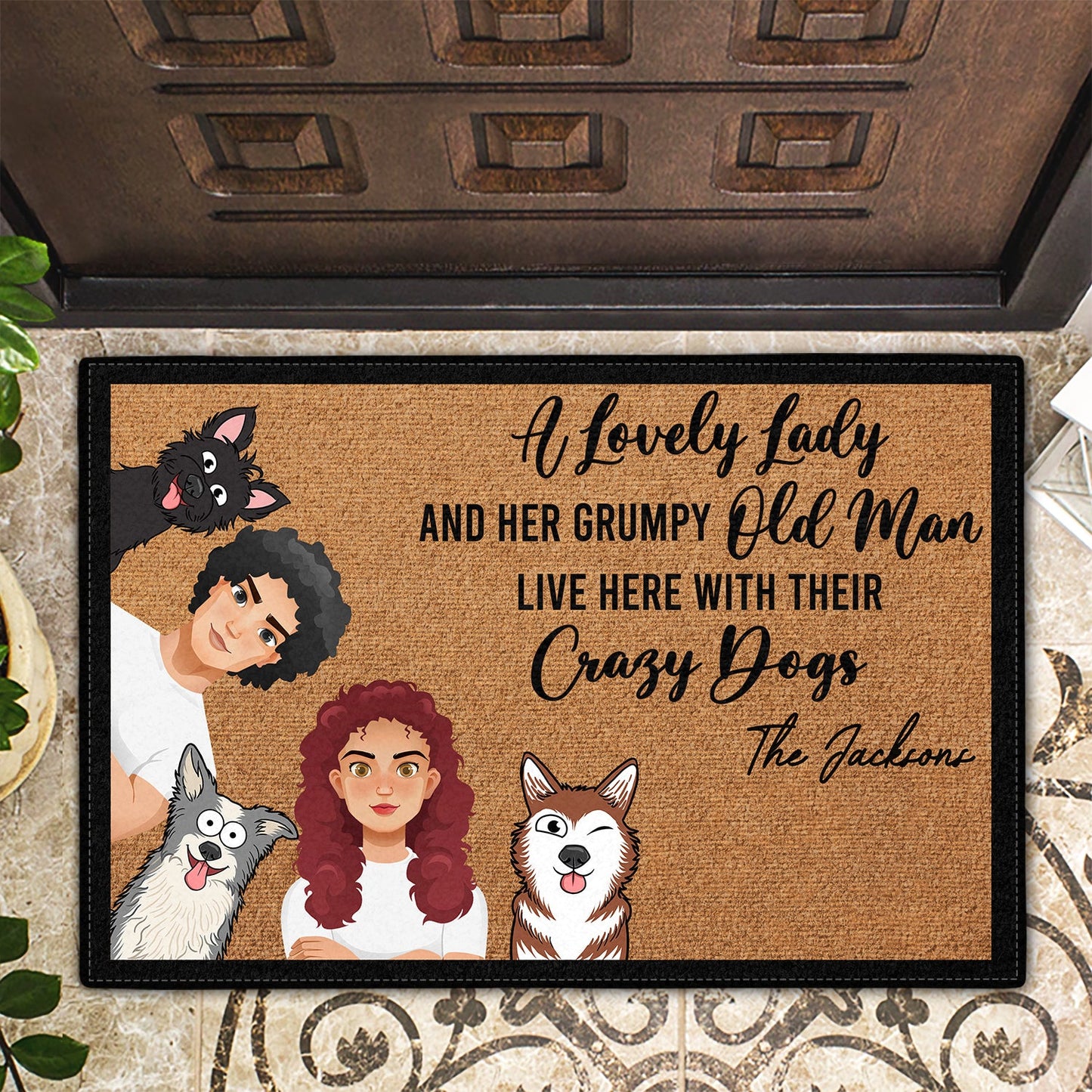 Flat Art Couple A Crazy Dog Lady & Grumpy Old Man - Gift For Dog Lovers Couple - Personalized Doormat