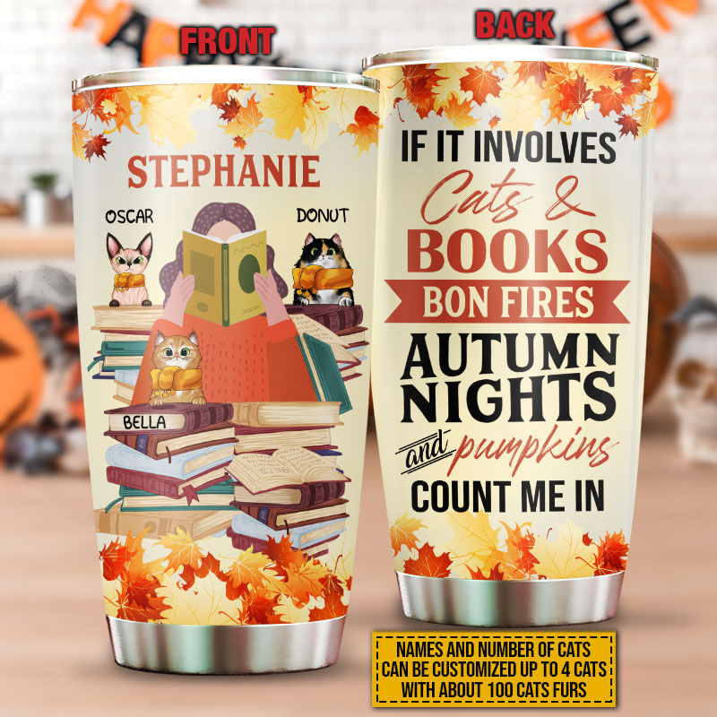 Autumn Book Cat And Fall Lovers Count Me In Custom Tumbler, Girl Reading With Cats, Fall Gift