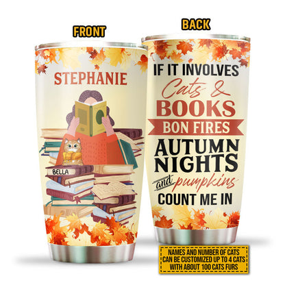 Autumn Book Cat And Fall Lovers Count Me In Custom Tumbler, Girl Reading With Cats, Fall Gift