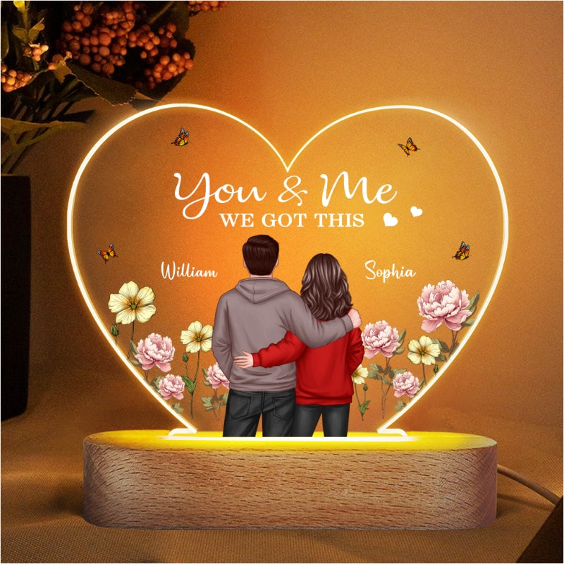 Couple Birth Month Flower Personalized Heart Acrylic Plaque LED Night Light, Heartfelt Gift For Couple, For Him, For Her, Boyfriend, Girlfriend, Husband, Wife