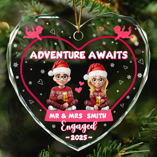 Adventure Awaits Mr And Mrs Family Name - Personalized Heart Shaped Acrylic Ornament