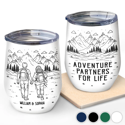 Adventure Partners For Life Couple Line Art - Personalized Wine Tumbler