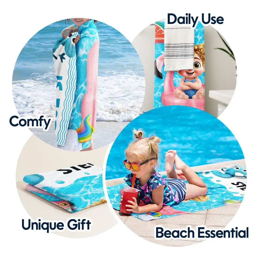Alphabet Kid Baby On Swimming Pool Float - Personalized Beach Towel