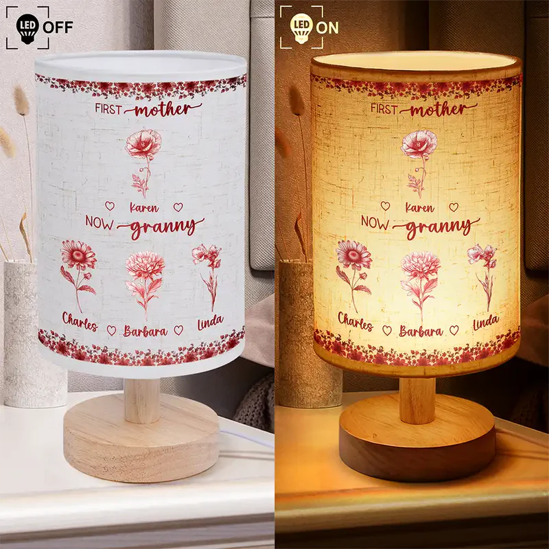 First Mom Now Grandma Toile Birth Month Flowers - Personalized Fabric Lamp