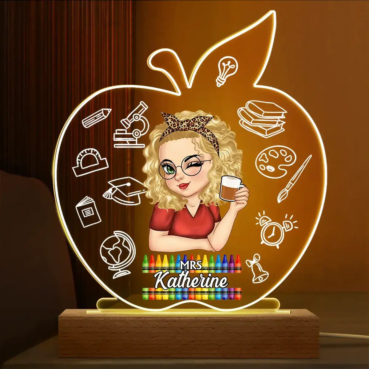 Apple Teacher Name - Personalized 3D Led Light Wooden Base LED Night Light The Next Custom Gift