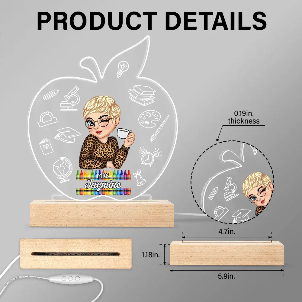 Apple Teacher Name - Personalized 3D Led Light Wooden Base LED Night Light The Next Custom Gift