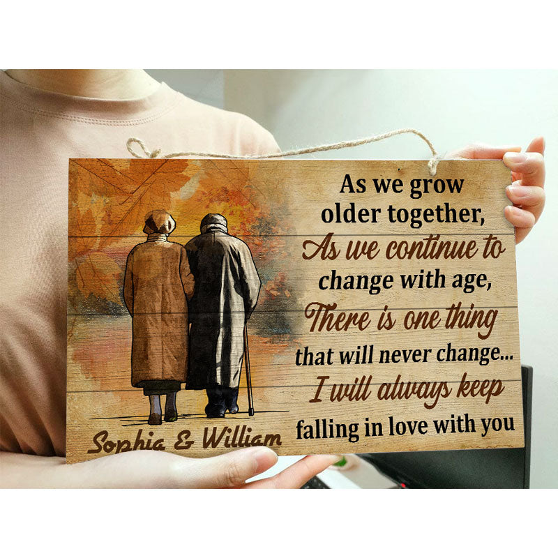 Autumn Old Couple As We Grow Older Together - Personalized Custom Wood Rectangle Sign