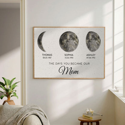 The Day You Became Mom Custom Birth Moon Phase Golden Dust Personalized Poster, Heartfelt 2025 Mother's Day Gift For Mom