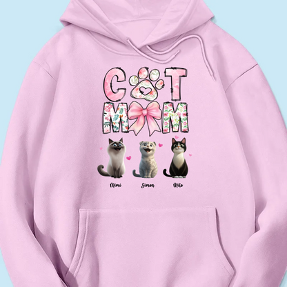 Cat Mom Pink Coquette Personalized Shirt, Cartoon Cute Cat, Gift for Cat Moms