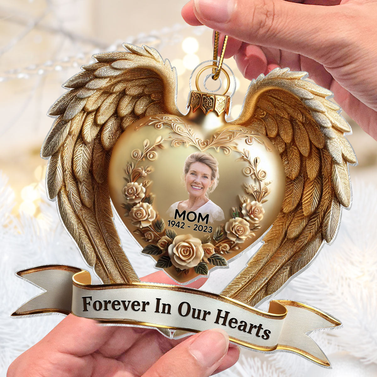 Forever In Our Hearts Angel Wings Photo Upload Memorial Keepsake 3D Effect Personalized Acrylic Flat Ornament