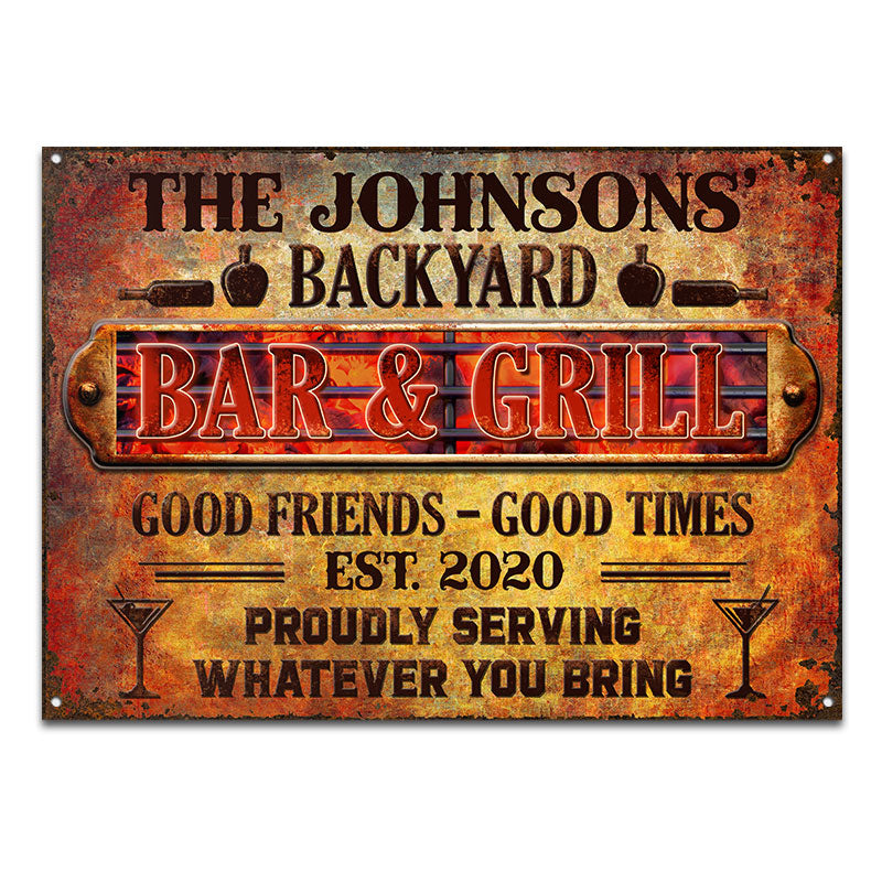 BBQ Backyard Bar & Grill Serving Whatever You Bring - Personalized Custom Classic Metal Signs