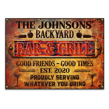 BBQ Backyard Bar & Grill Serving Whatever You Bring - Personalized Custom Classic Metal Signs