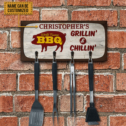 BBQ Utensils Grillin' & Chillin' Personalized Custom Wood Key Holder