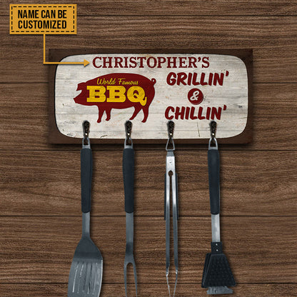 BBQ Utensils Grillin' & Chillin' Personalized Custom Wood Key Holder