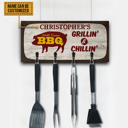 BBQ Utensils Grillin' & Chillin' Personalized Custom Wood Key Holder