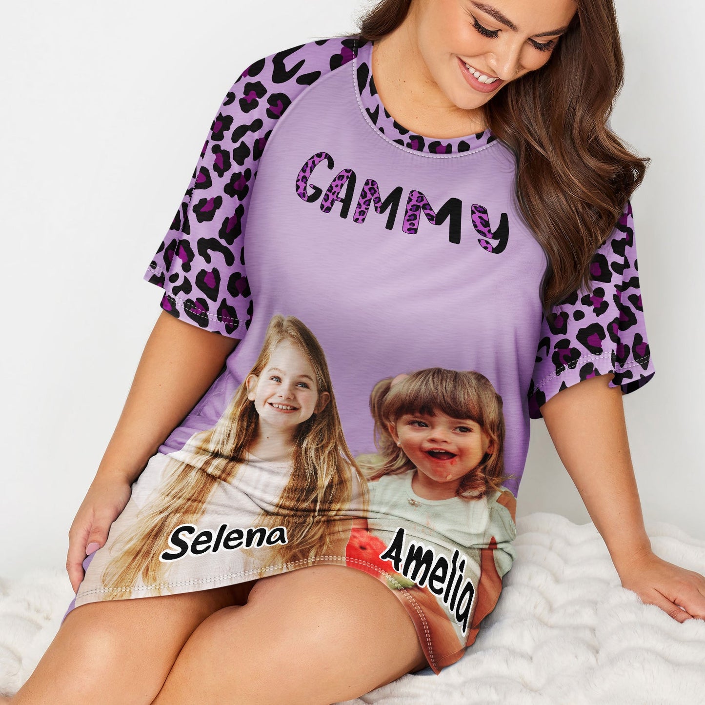 Custom Photo Leopard Nana Mommy - Birthday, Loving Gift For Mom, Mother, Mama, Grandma, Grandmother - Personalized Women's Sleep Tee