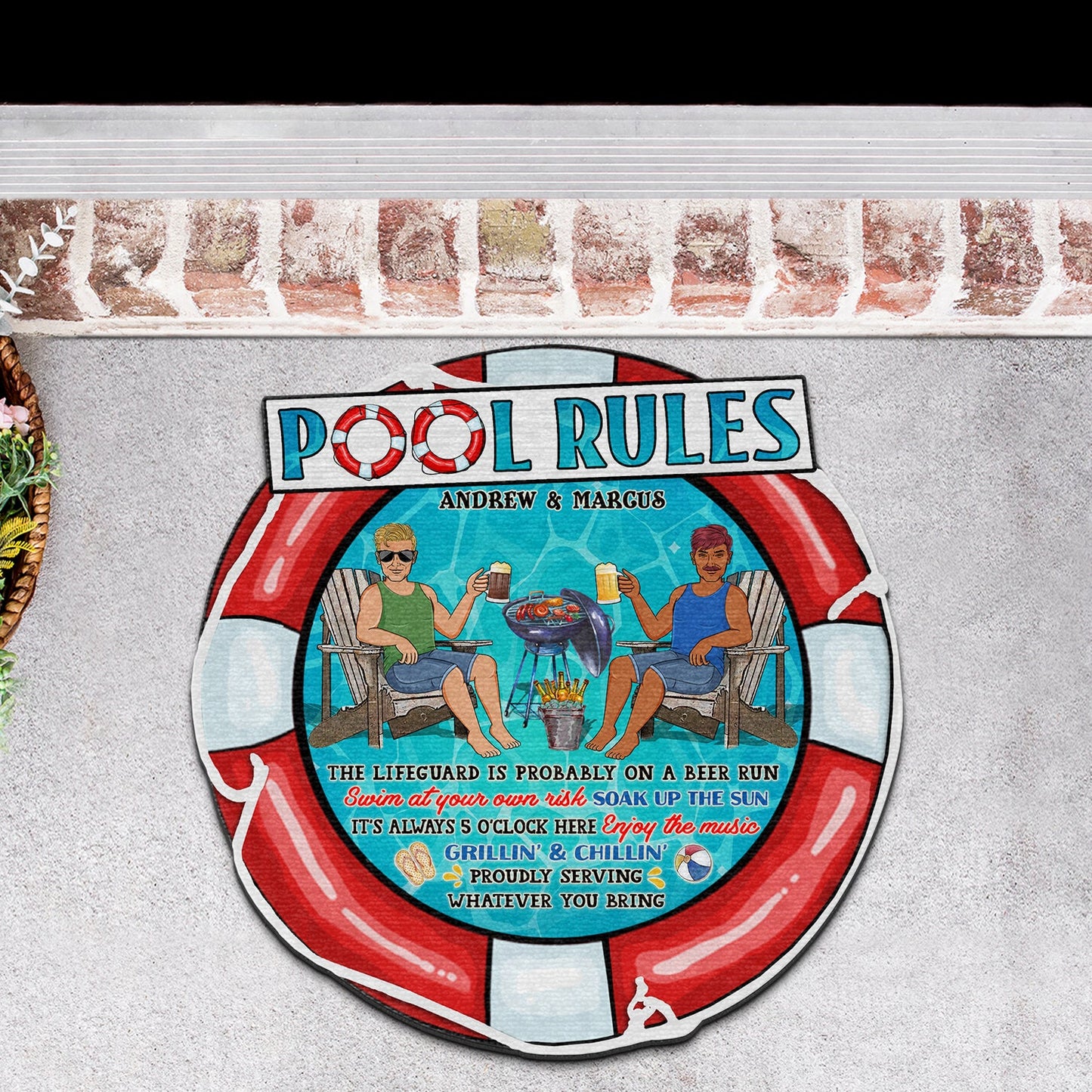 Pool Rules Swim At Your Own Risk - Outdoor Decor For Couples, Swimming Pool - Personalized Custom Shaped Doormat