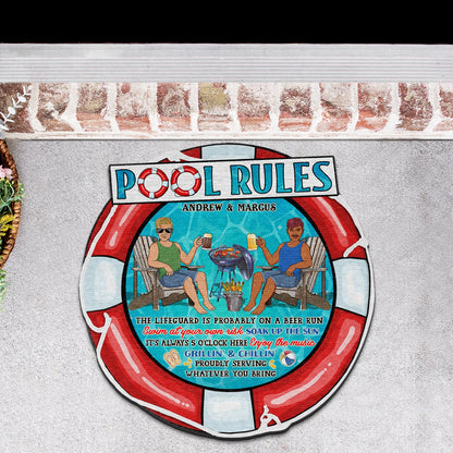Pool Rules Swim At Your Own Risk - Outdoor Decor For Couples, Swimming Pool - Personalized Custom Shaped Doormat