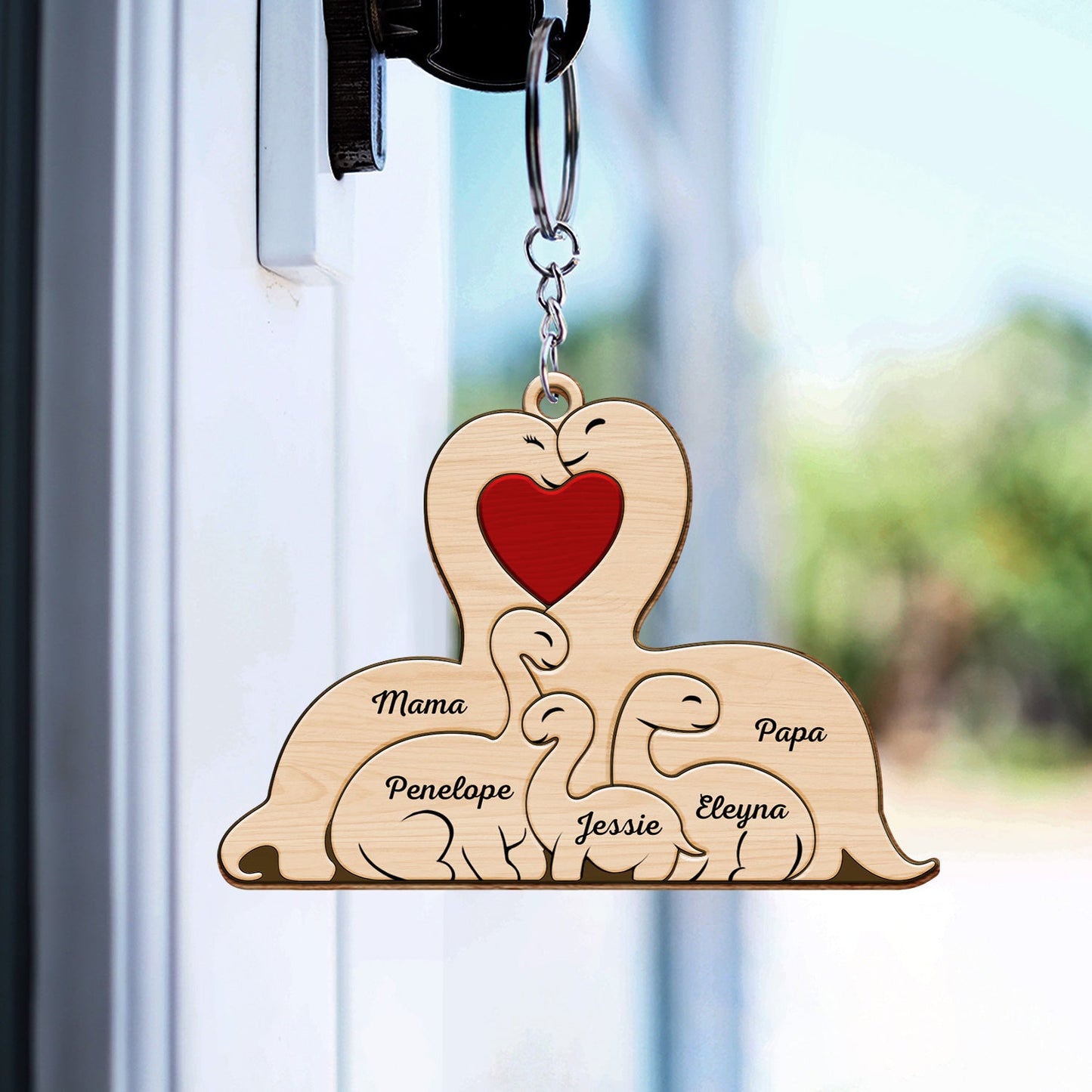 Family Dinosaurs - Gift For Parents, Father, Mother - Personalized Wooden Keychain